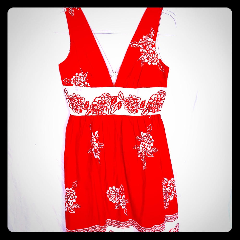 Red cream rockabilly V-neck dress beautiful Rose